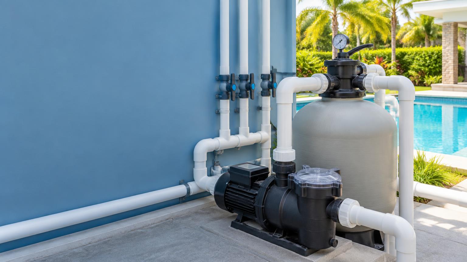 Equipos para piscina: motobomba y filtro en un cuarto de máquinas