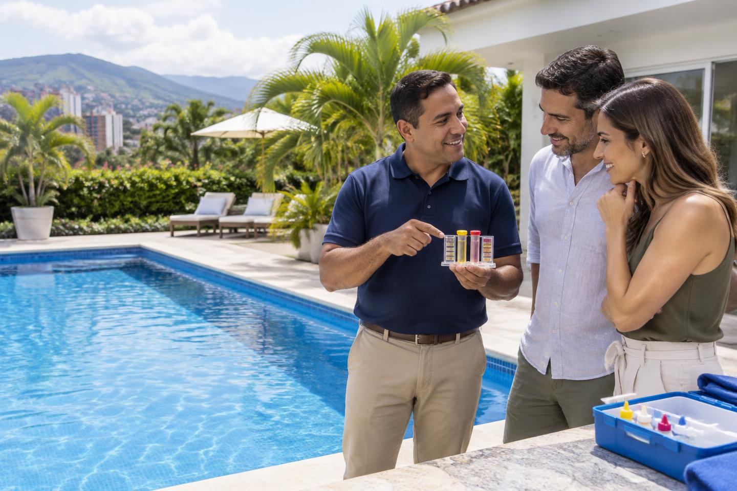 Asesor de piscinas explicando una prueba de agua a sus clientes